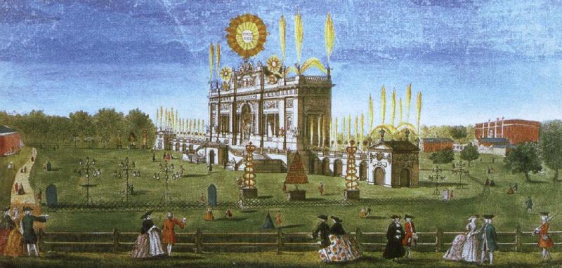 wolfgang amadeus mozart a contemporary artist s view of the structure erected in  green park for the 1749 firework display celebrating the peace of aix la chapelle.